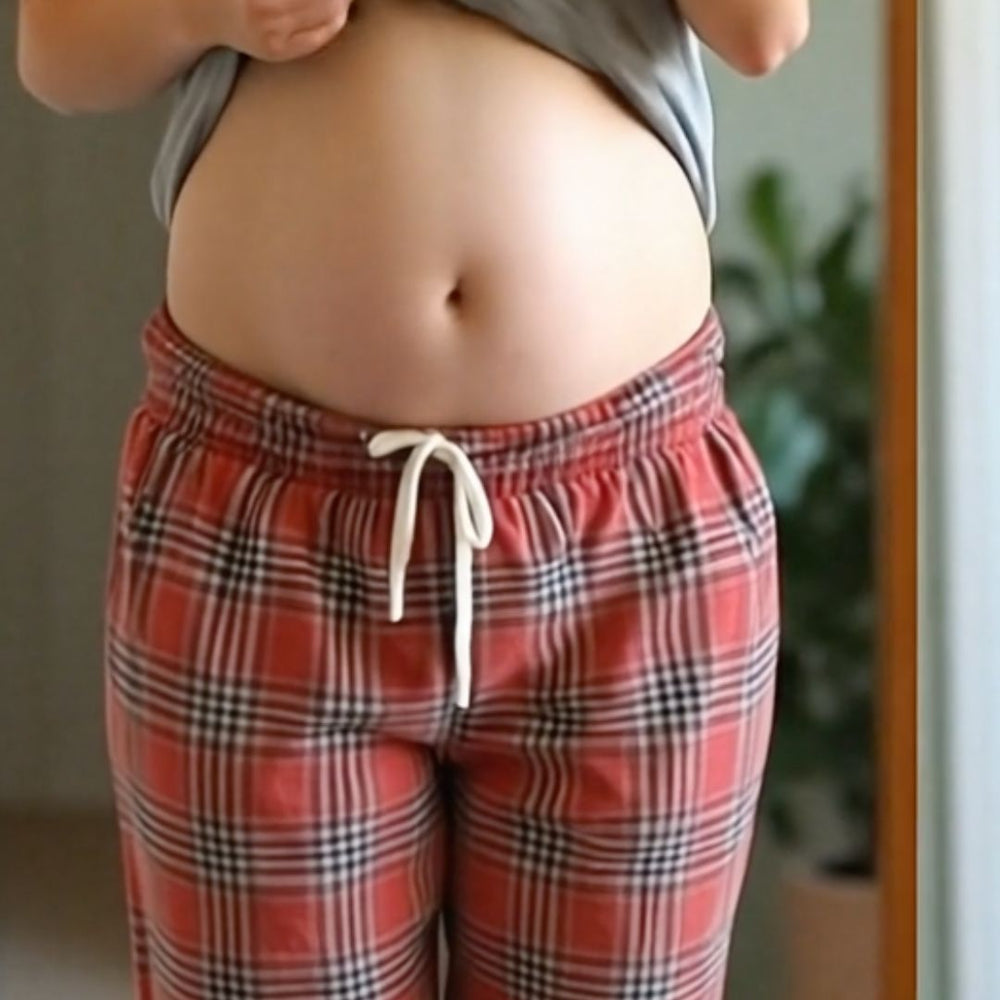 Person wearing red plaid pajama pants with a neutral background