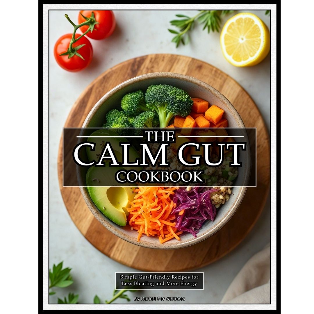 Book cover of 'The Calm Gut Cookbook' with a bowl of vegetables on a wooden board.