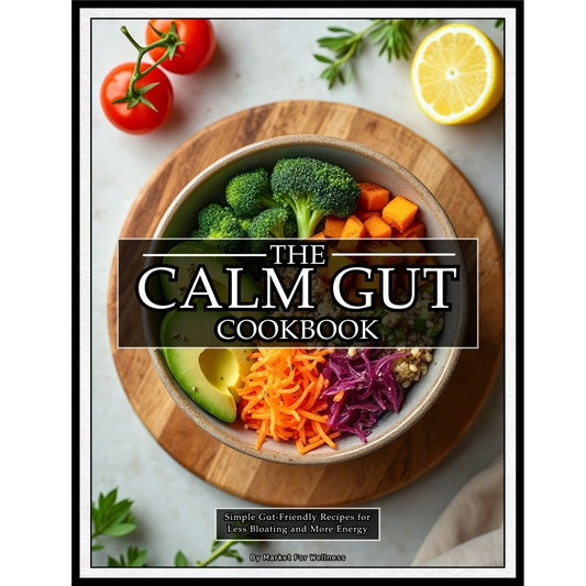 Book cover of 'The Calm Gut Cookbook' with a bowl of vegetables on a wooden board.