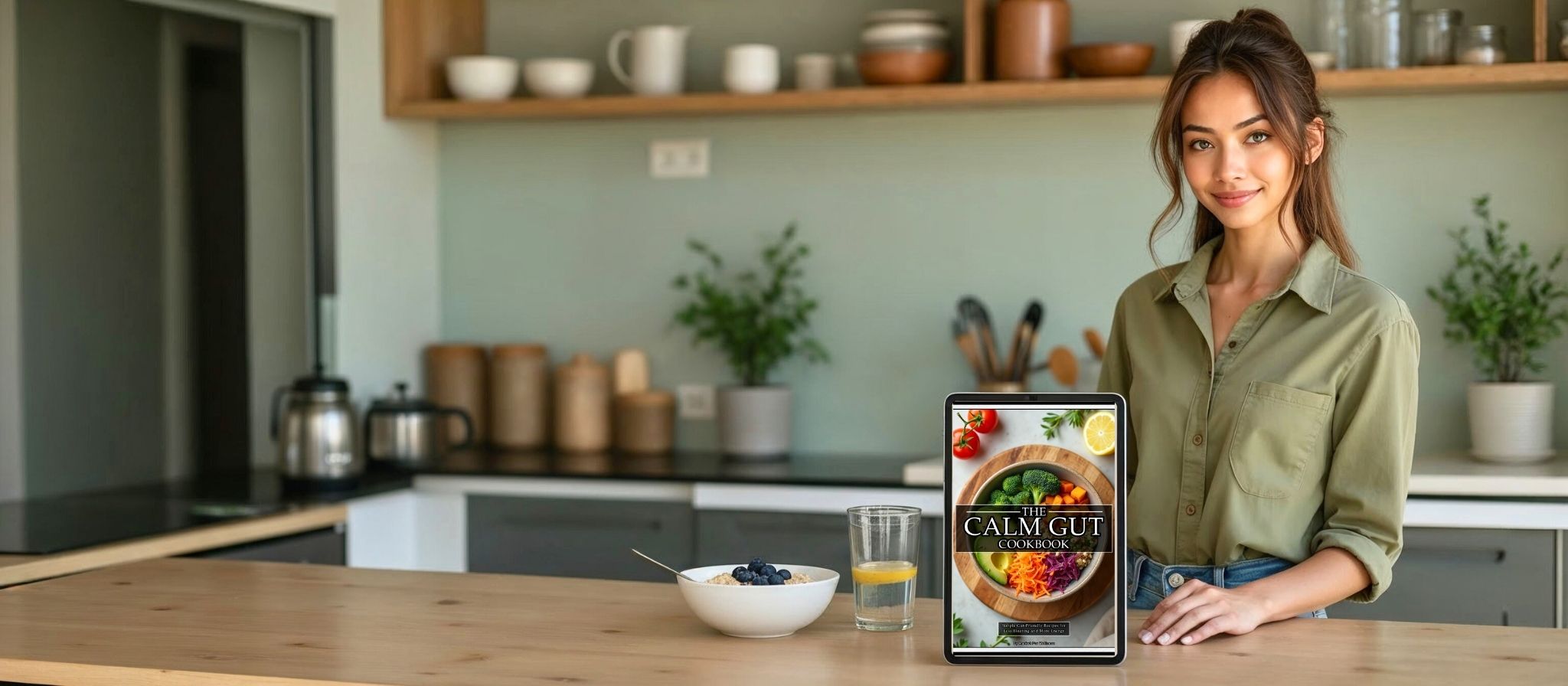 Woman holding a book titled 'Calm Gut Cookbook' in a kitchen setting