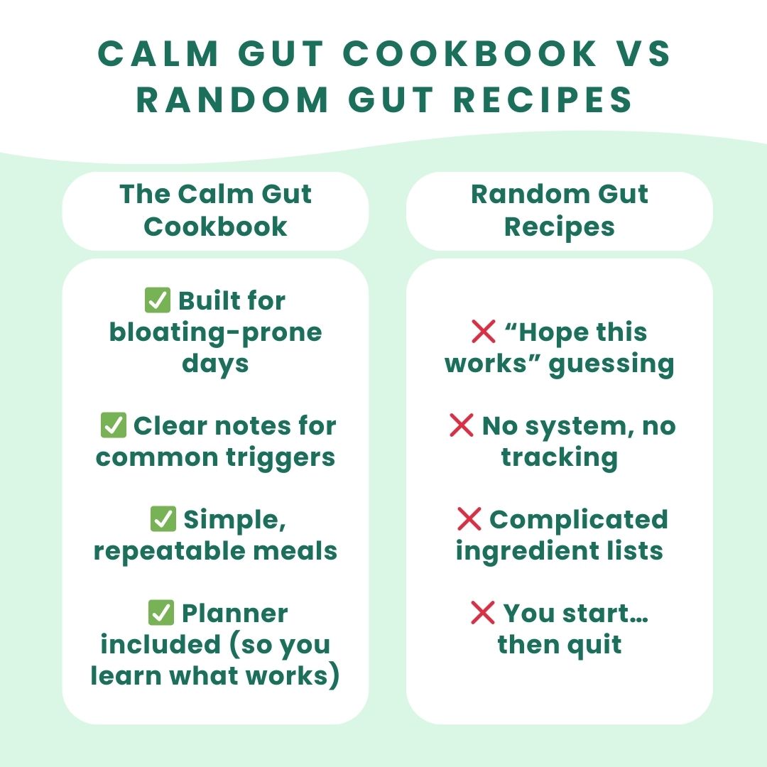 Comparison chart between 'Calm Gut Cookbook' and 'Random Gut Recipes' on a green background.