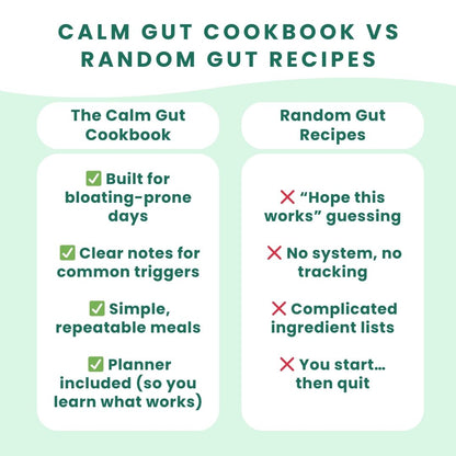Comparison chart between 'Calm Gut Cookbook' and 'Random Gut Recipes' on a green background.