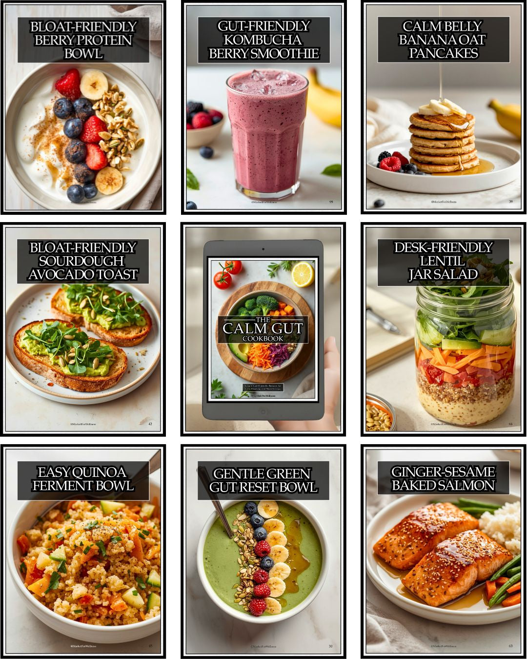 Grid of images showcasing various health-focused meals and drinks with text labels.