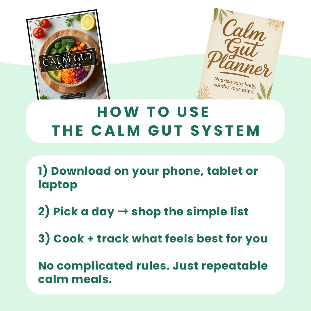 Promotional graphic for the Calm Gut System with cookbooks and a planner on a light green background.