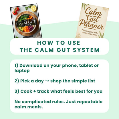 Promotional graphic for the Calm Gut System with cookbooks and a planner on a light green background.