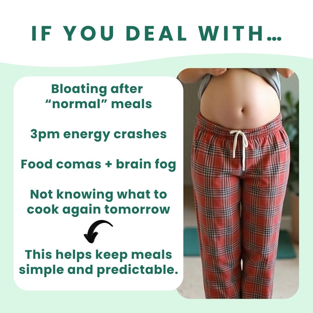 Person wearing red plaid pajama pants with text about common digestive issues and meal planning.