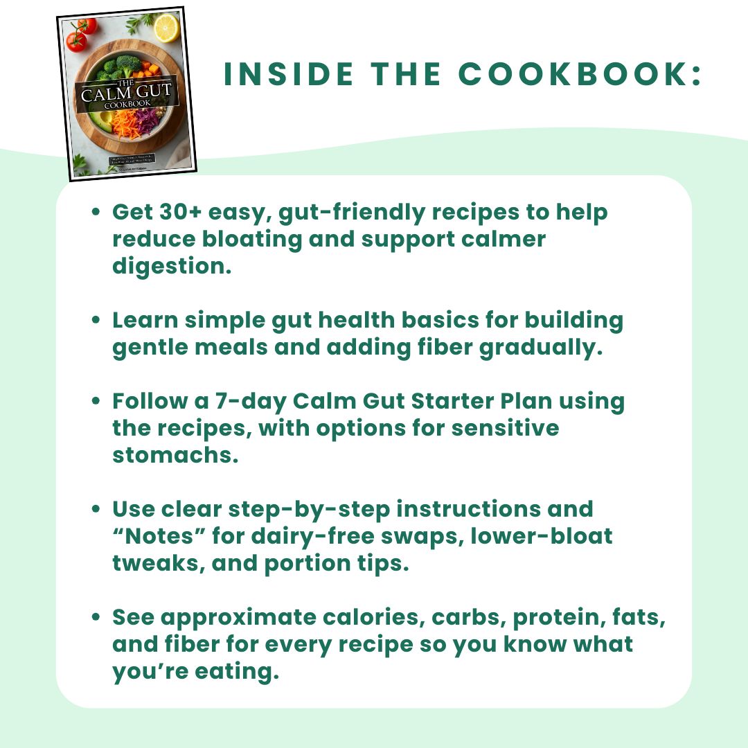 Promotional text about a cookbook with gut-friendly recipes on a light green background