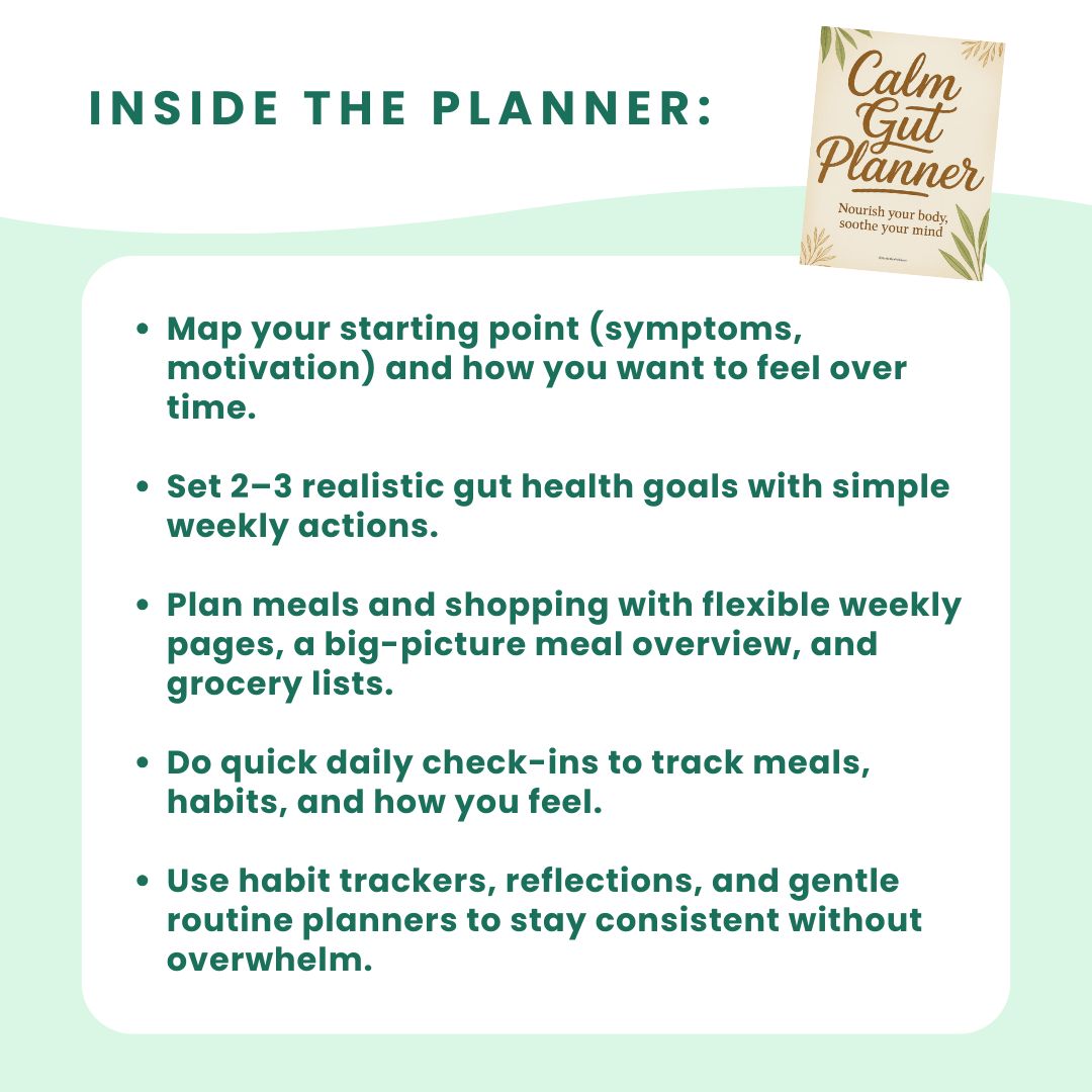 Text describing features of a planner for gut health on a light green background