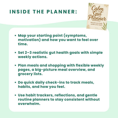 Text describing features of a planner for gut health on a light green background