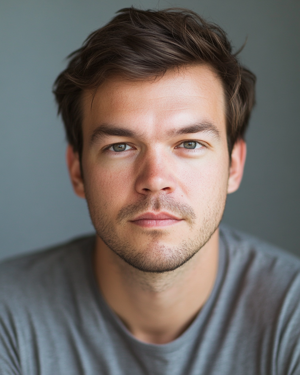 Man with short brown hair and a beard wearing a gray shirt against a plain background