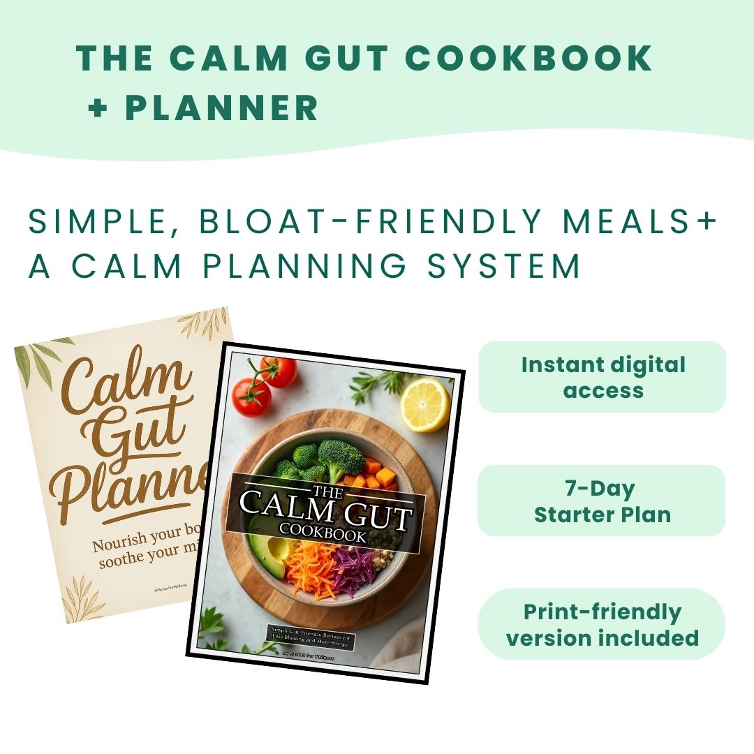 Promotional graphic for 'The Calm Gut Cookbook + Planner' with text about meal plans and digital access.