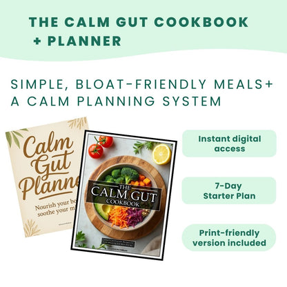 Promotional graphic for 'The Calm Gut Cookbook + Planner' with text about meal plans and digital access.