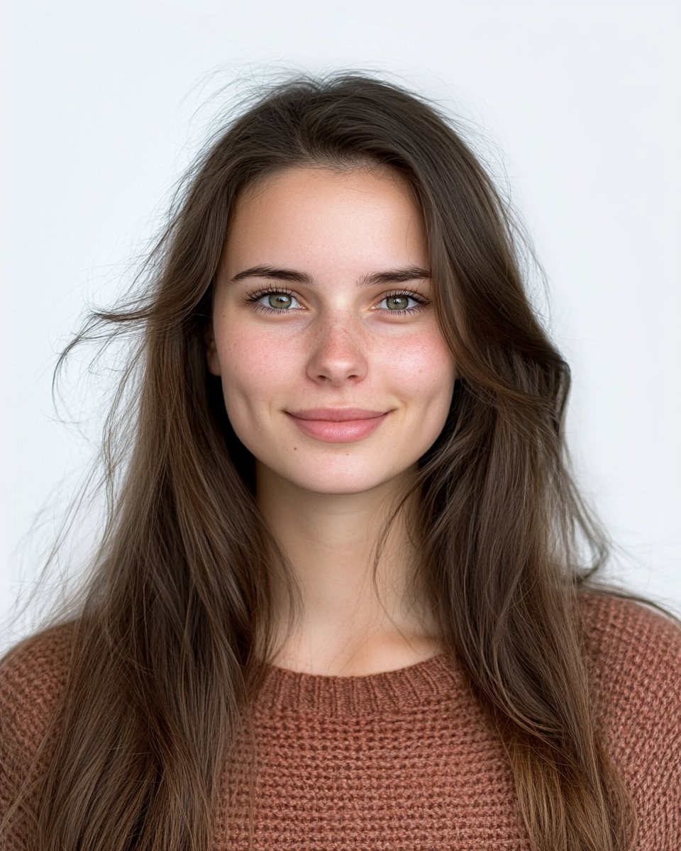 Woman with long brown hair wearing a brown sweater against a white background